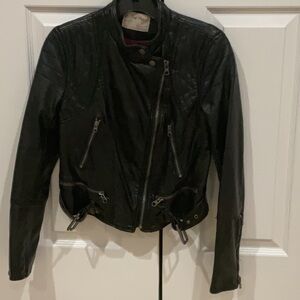 Black Leather Biker Jacket with Asymmetrical Zipper and Stand-Up Collar